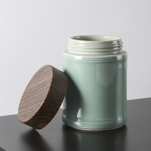 中大号青瓷茶叶罐子密封木纹盖创意茶室家用红茶白绿茶陶瓷储茶罐