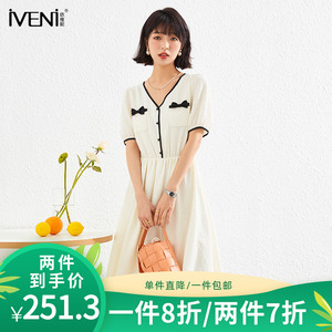 IVENI/依维妮2023夏季新品法式甜美女装V领收腰蝴蝶结气质连衣裙