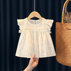 女童上衣夏季短袖新款2024洋气甜美短款衬衫女宝宝纯棉甜美娃娃衫