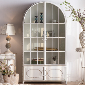 法式复古铁艺书柜带玻璃门拱形客厅白色简易书架一体靠墙收纳柜子