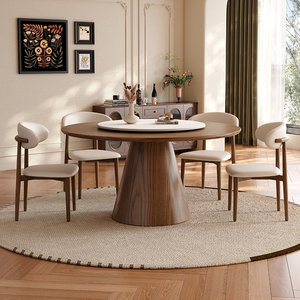 白蜡木中古风圆形餐桌带转盘胡桃色圆桌家用小户型设计师实木餐桌