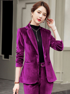 紫色金丝绒小西装外套女秋冬职业装套装时尚气质韩版修身西服上衣