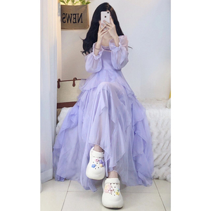 法式紫色连衣裙女长袖仙女网纱仙气设计感小众收腰显瘦高级感长裙