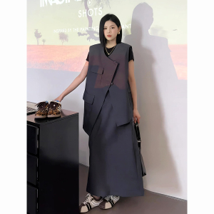 韩版小众西装不规则马甲时尚套装女2024夏季高级设计半身裙两件套