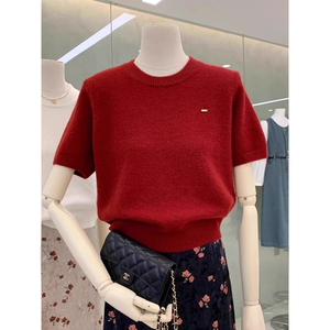 韩版纯欲红色冰丝针织衫短袖T恤女夏薄款小个子圆领修身内搭上衣