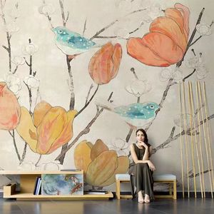 美式手绘抽象油画花鸟花卉墙纸3d壁纸客厅电视背景墙壁画定制墙布