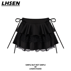 「LHSEN」甜酷辣妹蕾丝拼接半身裙女高腰显瘦小众设计感蓬蓬短裙