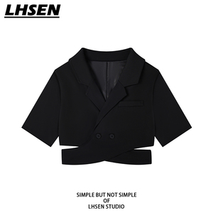 「LHSEN」甜酷辣妹黑色西装外套女夏季薄款宽松设计感短款小西服