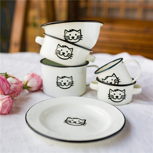 【搪瓷】以家人之名同款小猫马克杯沙拉酸奶碗面碗甜品平盘双耳碗