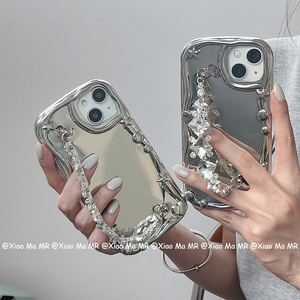 高级感电镀银色镜子水钻手链适用iphone14promax苹果13手机壳12pro简约12韩系仙女11网红xr创意x/8/7plus女款