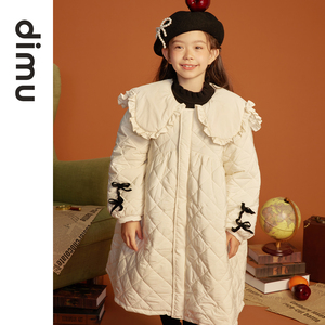 笛牧女童棉服2023冬装新款洋气翻领中长款保暖儿童加厚棉袄外套