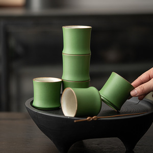 竹节杯仿竹节竹段陶瓷绿色茶杯釉下筒杯高杯竹叶功夫普洱主人茶杯