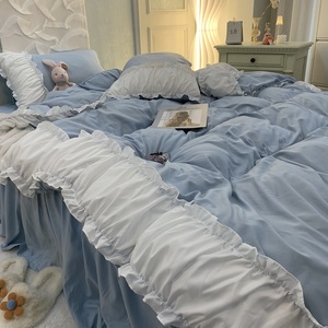 ins水洗棉床上四件套蓝色被罩1.5m米被套床单纯色学生宿舍三件套2