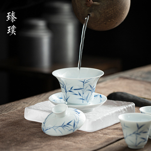 臻璞手绘白瓷盖碗单个泡茶碗茶杯茶具薄胎不烫手纯手工青花瓷盖碗