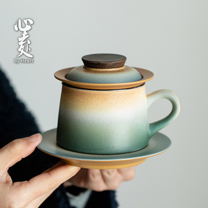 陶瓷茶杯粗陶窑变复古茶水分离杯带盖过滤泡茶杯可定制办公杯水杯