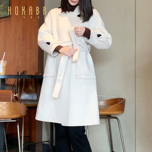 HOKABR  三角扣双面呢羊毛大衣女冬季新款百搭修身米白色长款外套