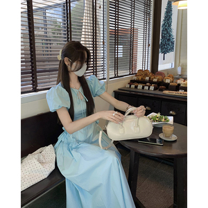 白水女【汝矣岛欧尼~】韩式泡泡袖连衣裙女公主气质系带露腰长裙