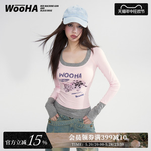 WooHa/吾哈2023冬季新款打底衫可爱动物印花U领紧身假两件T恤女