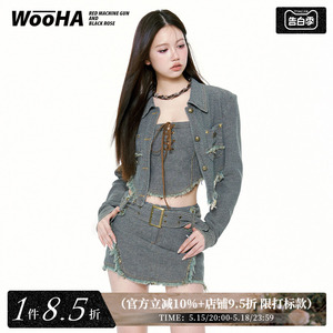 WooHa/吾哈2023新款牛仔套装女复古短款小外套低腰短裙背心上衣