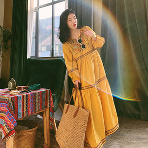 【斯里兰卡】民族风长袖刺绣连衣裙秋款女丽江西藏拍照度假长裙子