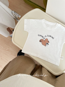 4EVER KIDS原创 松鼠夏季男女婴童纯棉印花卡通手绘休闲短袖白T恤