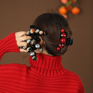 红色珠珠抓夹女大号新年发夹头饰后脑勺高级感秋冬鲨鱼夹子发饰品