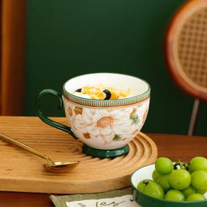 山茶花早餐杯大容量陶瓷杯带盖勺杯子马克杯高颜值水杯家用燕麦杯