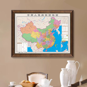 2024中国地图带框欧式复古装裱世界挂图超大装饰画会议办公室挂画