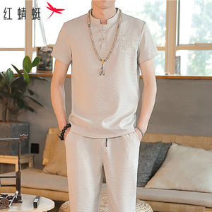 红蜻蜓休闲套装男士夏季新款中国风短袖t恤搭配亚麻长裤子一套男T