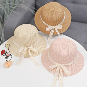 儿童草帽夏季女童遮阳防晒太阳帽子度假沙滩帽子女孩子蕾丝草编帽