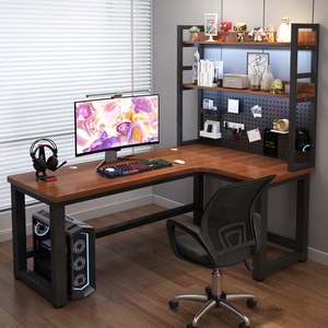 电脑桌转角台式实木桌子学生书桌书架一体拐角L型家用卧室办公桌