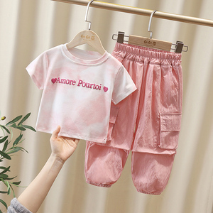 女童工装裤套装夏季2024新款小童扎染字母韩版夏天女宝休闲两件套
