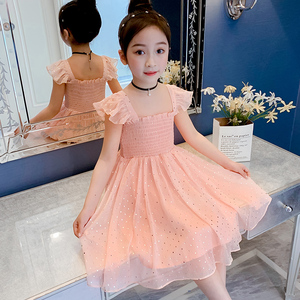 女童连衣裙2021夏季新款儿童韩版吊带裙小公主超仙亮片雪纺抹胸裙