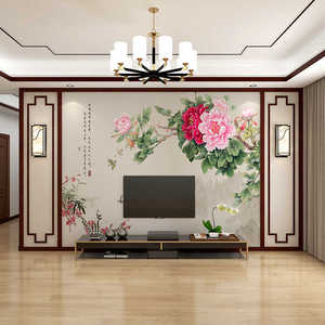8d中式牡丹花鸟壁纸电视背景墙壁画沙发卧室书法墙纸无缝刺绣墙布