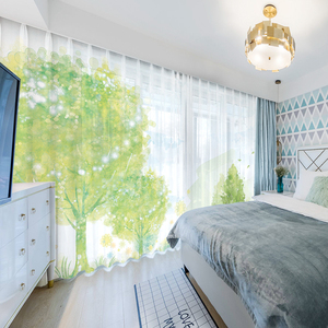 北欧小清新定制窗帘布绿色自然植物花卉大树绿树纱帘卧室客厅飘窗