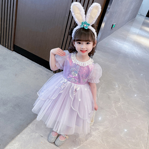 夏季女童幼儿园小兔子表演服舞台礼服裙中小童女宝宝短袖连衣裙子