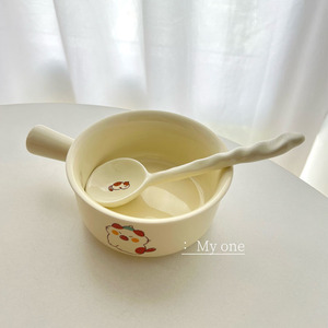 myone卡通家用手柄碗儿童陶瓷饭碗可微波小号4.5英寸勺子可爱餐具
