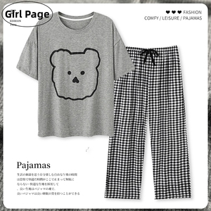 日本GP莫代尔小熊睡衣女春夏季短袖长裤套装灰色圆领可外穿家居服