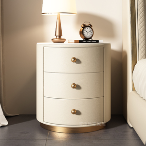 轻奢床头柜高级感现代简约卧室小型皮质实木圆形床边柜床头置物架