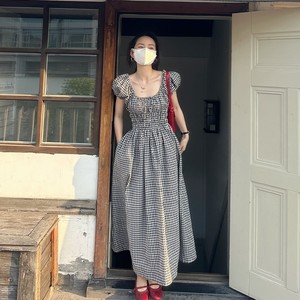 SAK 韩国2024新款夏季格子连衣裙女气质小众肌理感收腰显瘦长裙子