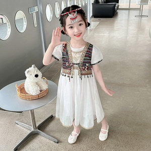 女小童连衣裙夏装少数民族风短袖公主裙傣族风套装新款表演汉服裙