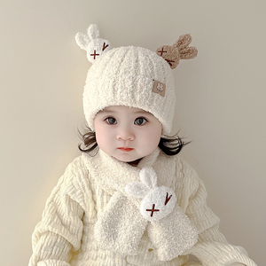 冬款婴儿帽子围巾套装超萌可爱小兔宝宝套头帽儿童保暖护耳帽围脖