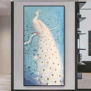 白色孔雀入户玄关装饰画手绘油画新中式动物客厅餐厅艺术挂画竖版