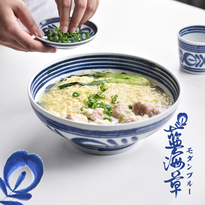 波佐见烧日本进口餐具套装家用陶瓷蓝海草汤碗复古饭碗日式面碗