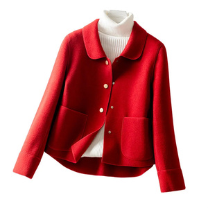 红色双面呢短款大衣女春冬季2024新款修身韩版小个子羊毛呢子外套
