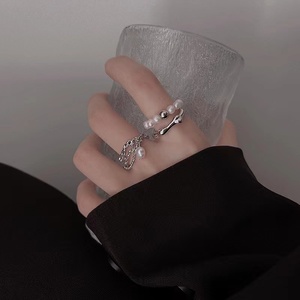日韩S925镀银珍珠流苏链条甜美戒指复古时尚小众设计感嘻哈开口戒