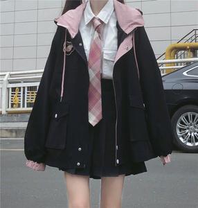 秋季新款韩版拼色港风外套女学生学院风宽松百搭连帽工装夹克上衣