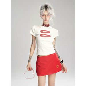DEVIL ICE2024年韩版T恤红裙刺绣复古显瘦修身短款A字半身裙套装
