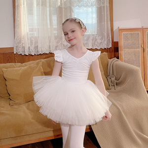 纯棉儿童舞蹈服秋季芭蕾舞短袖女童练功服幼儿练舞衣白色连体服