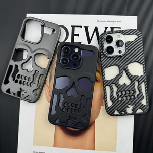 骷髅头碳纤维纹适用苹果iphone15promax手机壳新款15pro个性创意14/13全包防摔12pm镂空散热情侣11高档保护套